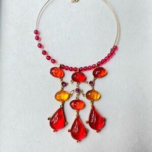 Vintage Bisou Bisou Vibrant Orange and Yellow Lucite & Rhinestone Bib Necklace